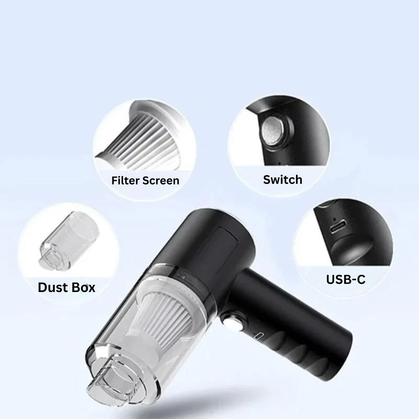 Handheld Car Vacuum – 9000Pa Suction, Cordless, USB-C